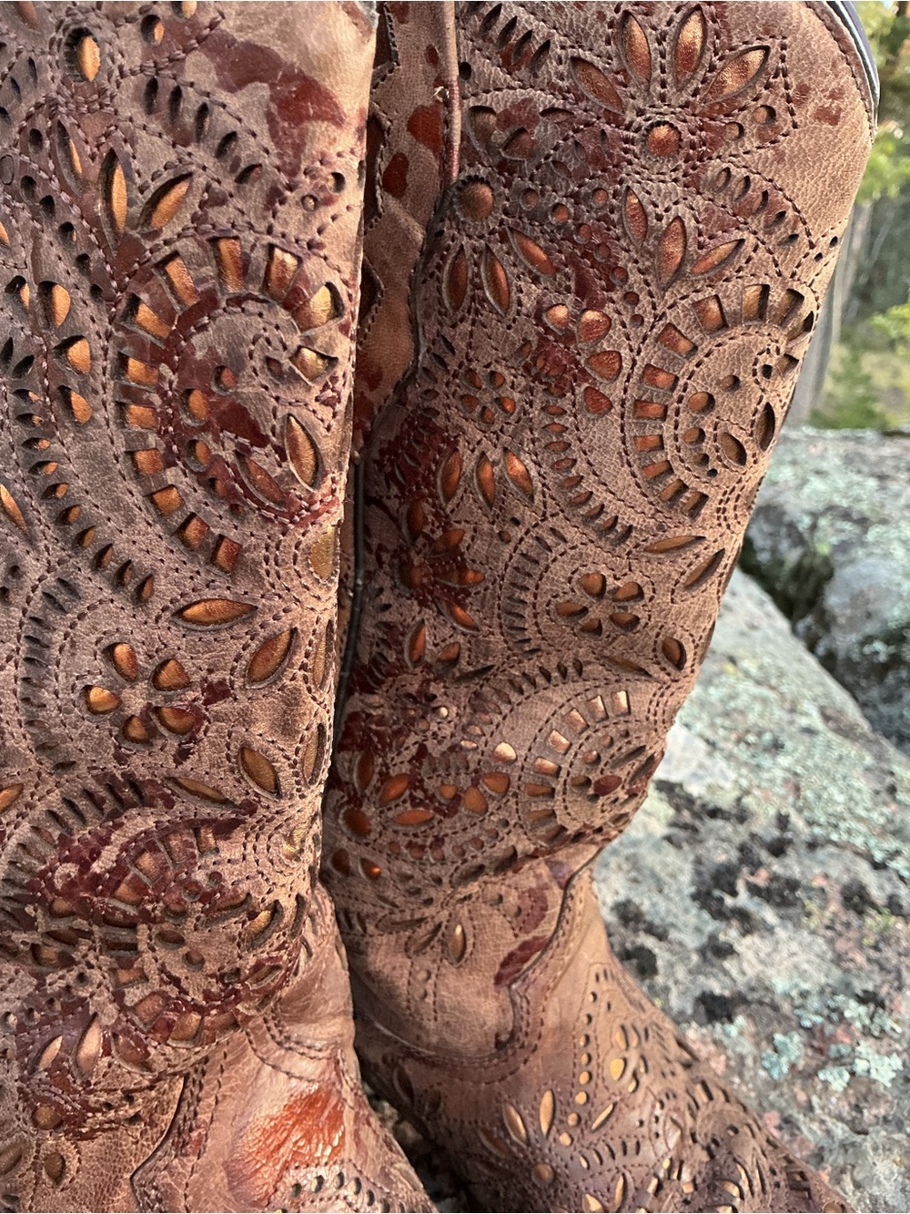 Corral Leather Floral Gold Cutout Western Cowboy Boots 7.5M - Picture 7 of 16